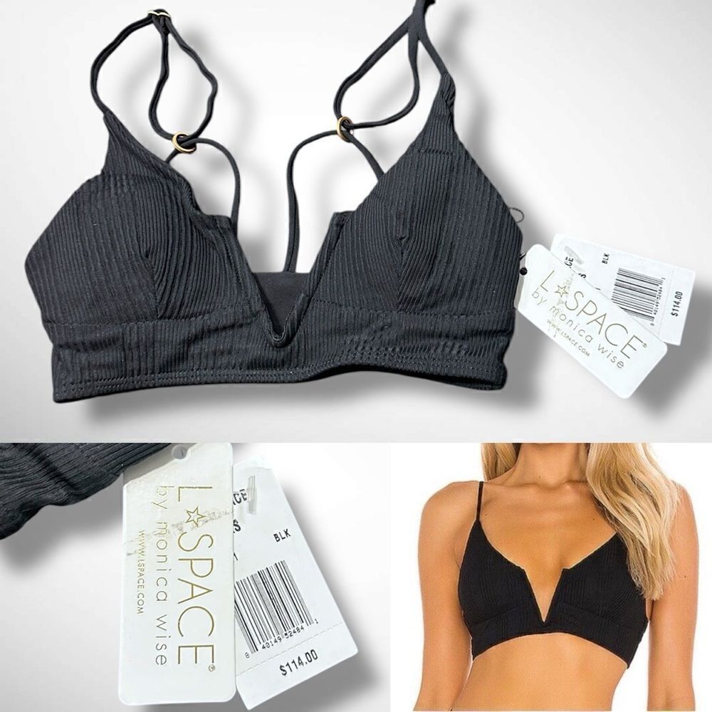 L*SPACE Pointelle Rib Siren Bikini Top In Black Size XS